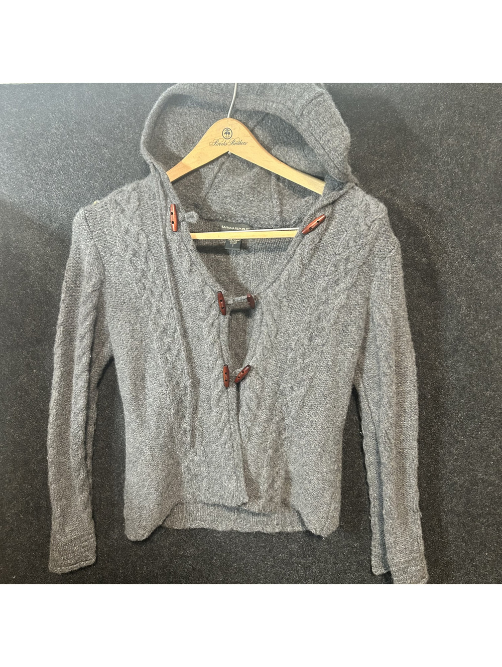 Banana Republic VTG Womens Small Gray Hooded Cable Knit Toggle Cardigan Sweater